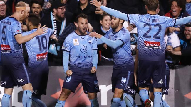 Sydney FC striker Adam Le Fondre celebrates scoring a penalty agains the Wanderers on Saturday night. Picture: Getty Images