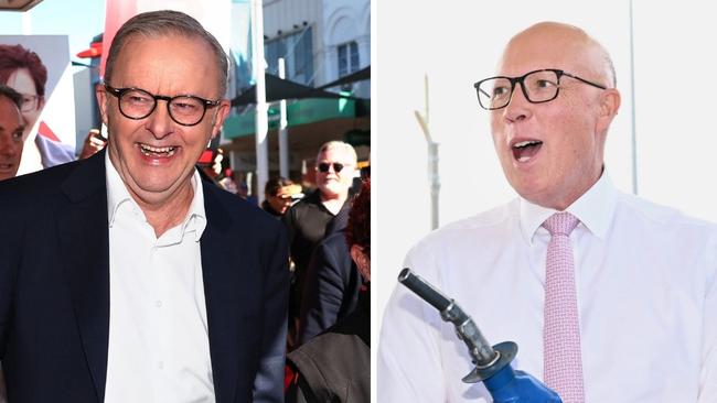 Anthony Albanese campaigned in Devonport, Tasmania, while Peter Dutton visited Perth. Pictures: Jason Edwards / Newswire / Getty Images