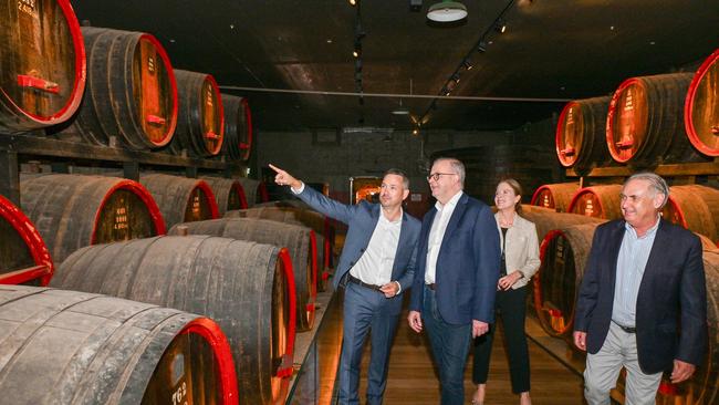 Prime Minister Anthony Albanese touring Magill Estate with Don Farrell, Penfolds Chief of Legal Corporate Affairs Sarah Turner and Chief of Supply Kerrin Petty. Picture: Brenton Edwards