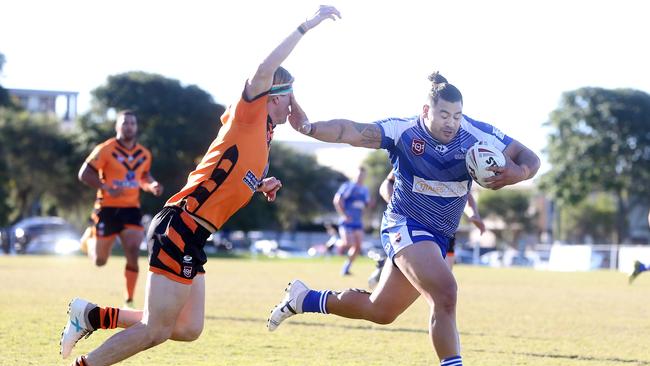 Tugun Seahawks (blue) vs. Southport Tigers at Tugun. A Grade. Samui Latu scoring a try. 6 June 2021 Tugun Picture by Richard Gosling