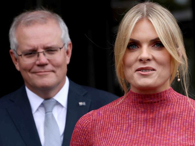 SYDNEY, AUSTRALIA - NewsWire Photos DECEMBER 8, 2021: Prime Minister Scott Morrison and Erin Molan pictured at a press conference at Penshurst Girls High School.Picture: NCA NewsWire / Damian Shaw