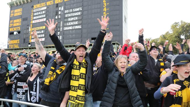 Glenelg supporters on the Adelaide Oval Hill, can't contain their excitement at the final siren. Picture: AAP Image/Dean Martin