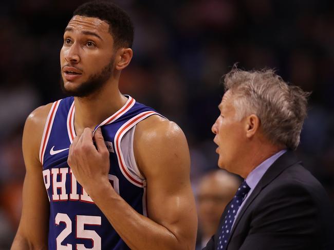 PHOENIX, ARIZONA - NOVEMBER 04: Ben Simmons #25 of the Philadelphia 76ers talks with head coach Brett Brown during the first half of the NBA game against the Phoenix Suns at Talking Stick Resort Arena on November 04, 2019 in Phoenix, Arizona.  NOTE TO USER: User expressly acknowledges and agrees that, by downloading and/or using this photograph, user is consenting to the terms and conditions of the Getty Images License Agreement (Photo by Christian Petersen/Getty Images)