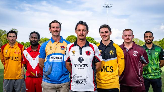 Max Hatzoglou (Tracy Village), Udara Weerasinghe (Waratah), Matt Hammond (Darwin), Tim Garner (Southern Districts), Michael Kudra (Nightcliff), Hamish Martin (Palmerston) and Jonathan Caderamanpulle (PINT) ahead of the 2023 Darwin Cricket season. Picture: Patch Clapp