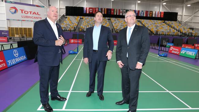 Federal Treasurer Scott Morrison tours the Gold Coast facilities with Games CEO Mark Peters and Trade Minister Steve Ciobo. Picture Glenn Hampson