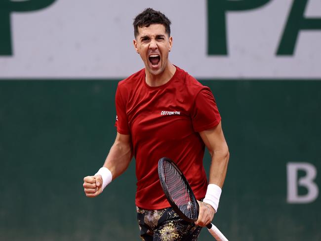 PARIS, FRANCE - MAY 28: Thanasi Kokkinakis of Australia celebrates against Alexei Popyrin of Australia in the Men's Singles first round match on Day Three of the 2024 French Open at Roland Garros on May 28, 2024 in Paris, France. (Photo by Dan Istitene/Getty Images)