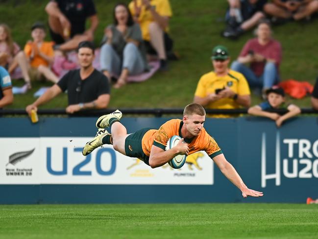 SUNSHINE COAST, AUSTRALIA - MAY 12: Will McCulloch of Australia scores a try during The Rugby Championship U20 Round 3 match between Australia and New Zealand at Sunshine Coast Stadium on May 12, 2024 in Sunshine Coast, Australia. (Photo by Albert Perez/Getty Images)