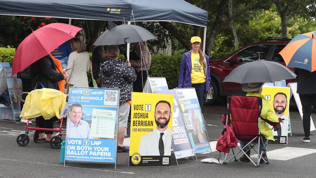 Umbrellas out along with plenty of election signs. Picture Glenn Hampson