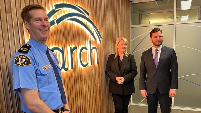 Assistant Commissioner Robert Blackwood with Police, Fire and Emergency Management Minister Felix Ellis and Minister for Women and the Prevention of Family Violence Madeleine Ogilvie at the new Northern Arch Centre. Picture: Supplied