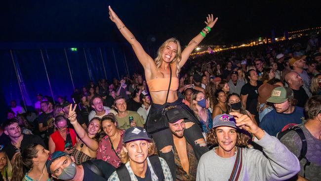 Happy music fans enjoying the return of Byron Bay Bluesfest on April 15, 2022. Picture: Joseph Mayers