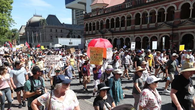 The Freedom Rally in the Brisbane CBD on Saturday. Picture: Annette Dew