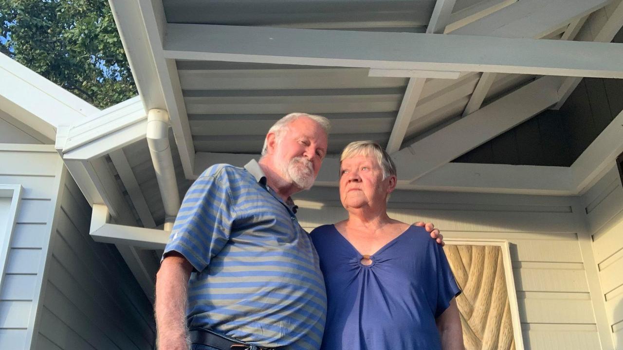 Glen Sheather with wife Gloria in Tweed Heads Caravan Park, after they were stopped at the border from moving to their new home in Ipswich by border restrictions. Picture: Supplied.