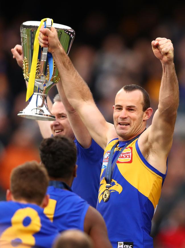 Eagles captain Shannon Hurn hold the 2018 Premiership Cup aloft. Picture: Scott Barbour/Getty