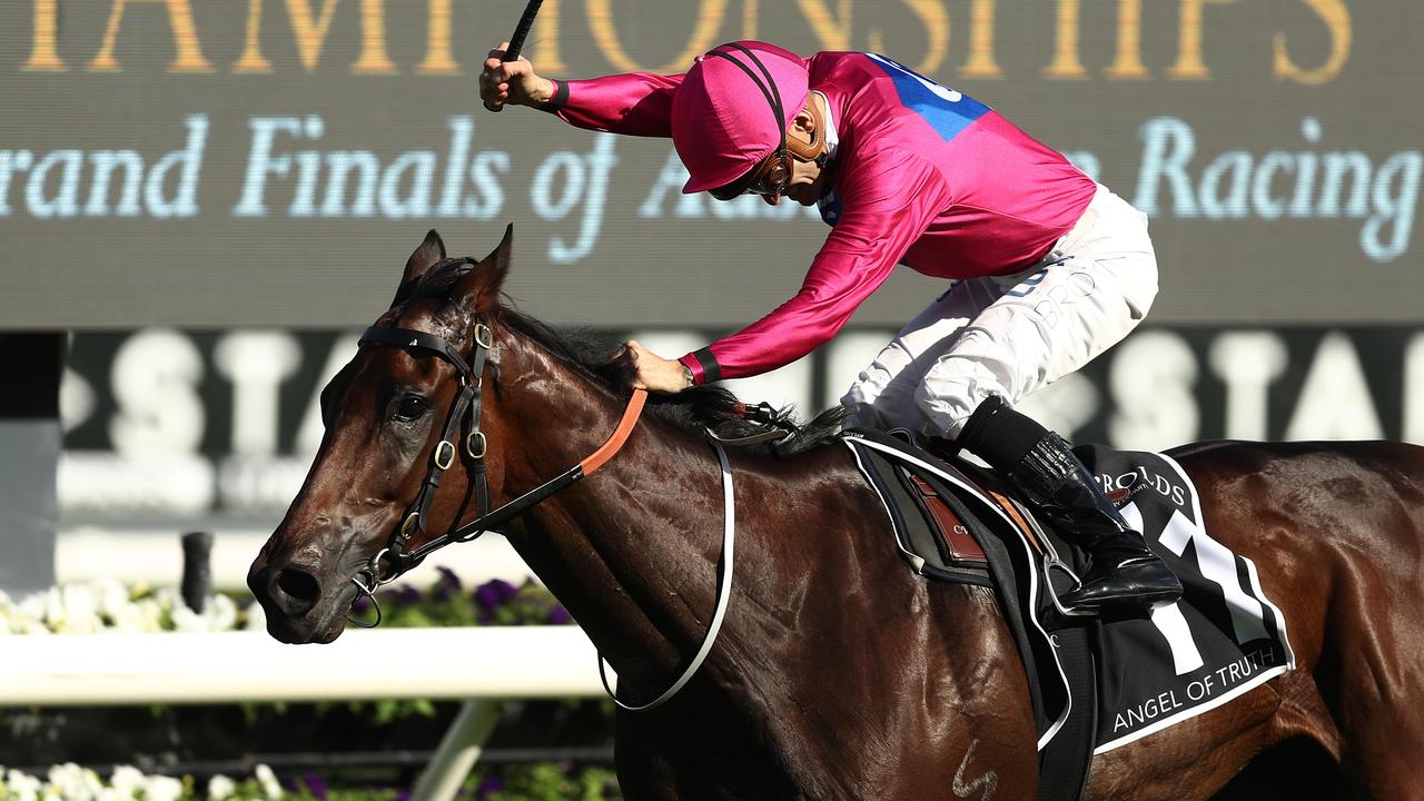 SYDNEY, AUSTRALIA - APRIL 06: Corey Brown riding Angel Of Truth wins race 7 The Harrolds Australian Derby during day one of The Championships as part of Sydney Racing at Royal Randwick Racecourse on April 06, 2019 in Sydney, Australia. (Photo by Mark Metcalfe/Getty Images)