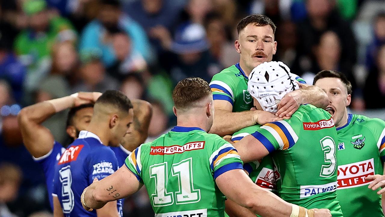 CANBERRA, AUSTRALIA - AUGUST 20: Jordan Rapana of the Raiders celebrates scoring a try during the round 25 NRL match between Canberra Raiders and Canterbury Bulldogs at GIO Stadium on August 20, 2023 in Canberra, Australia. (Photo by Jeremy Ng/Getty Images)