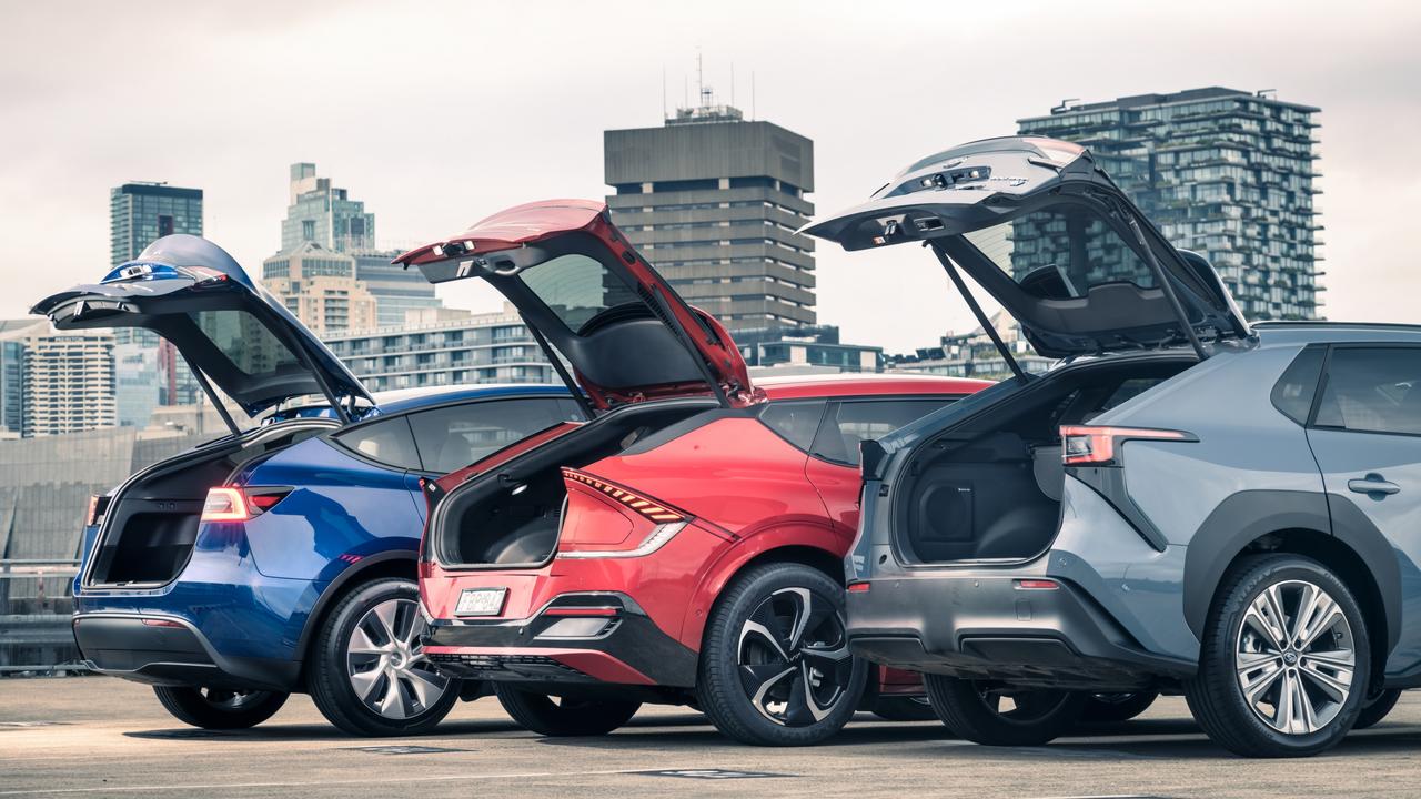 The Tesla Model Y, Kia EV6 and Subaru Solterra. Photo: Thomas Wielecki