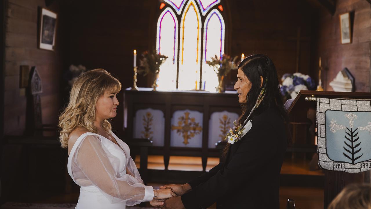 Claire Elliott and Andres Tamayo Zepeda married at St Anne's Church in Jondaryan on July 6, 2024. The church was designed and built in 1859 by Ms Elliott's great-great-grandfather JC White. Photo by Traci Castle of Studio Republic