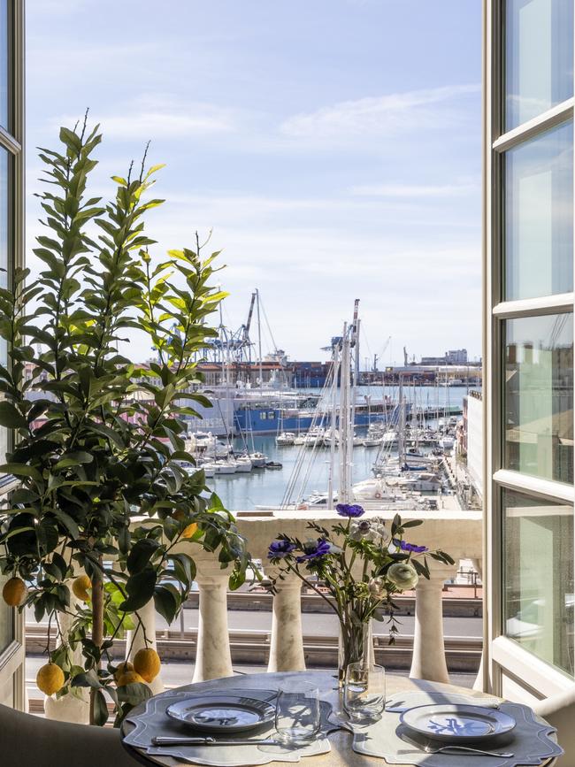 Palazzo Durazzo Suites’ breakfast room overlooking the port of Genoa.