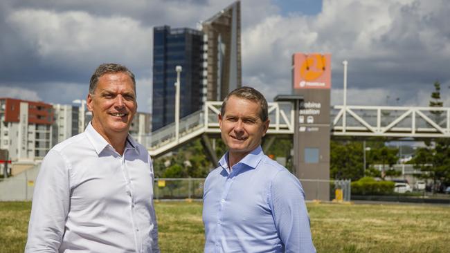 Robina Group's Hylton Slater with Darrell Irwin at Pellicano's Centreline Place development site.