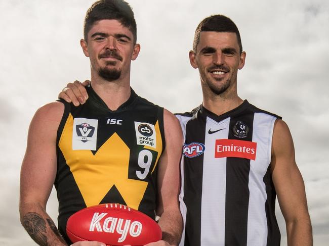 MELBOURNE, AUSTRALIA - APRIL 23: Ryan Pendlebury of Werribee and Scott Pendlebury of Collingwood pose for a photo during a Kayo Sports Grassroots PR Opportunity at Williamstown FC on April 23, 2021 in Melbourne, Australia. (Photo by Darrian Traynor/Getty Images for Kayo Sports)