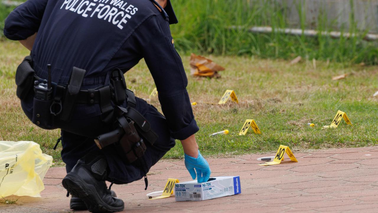 Bullet casings litter the ground Frank Street Mount Druitt following a driveby shooting. Picture: Max Mason-Hubers