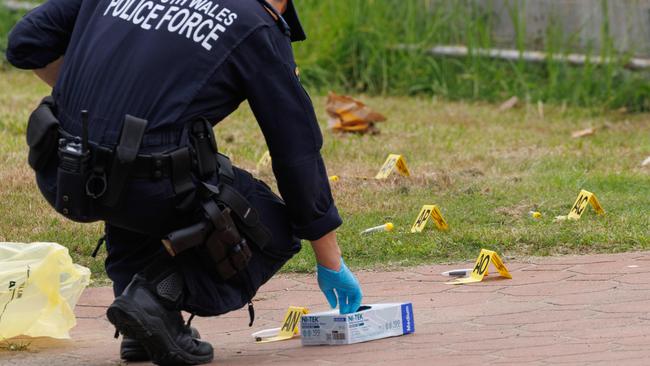 Bullet casings litter the ground Frank Street Mount Druitt following a driveby shooting. Picture: Max Mason-Hubers