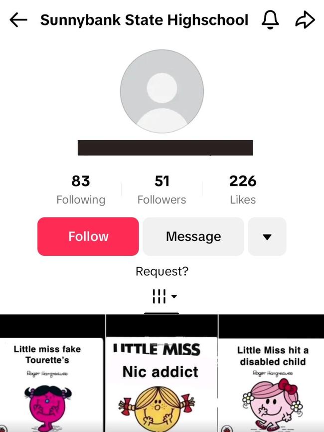 An account was created to spread gossip about students at Sunnybank State High School. Picture: TikTok