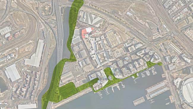 A.Render of The green space of Docklands from above.