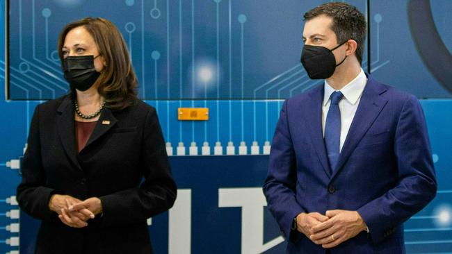 US Vice President Kamala Harris and Transportation Secretary Pete Buttigieg in Charlotte, North Carolina on Thursday. Picture: AFP