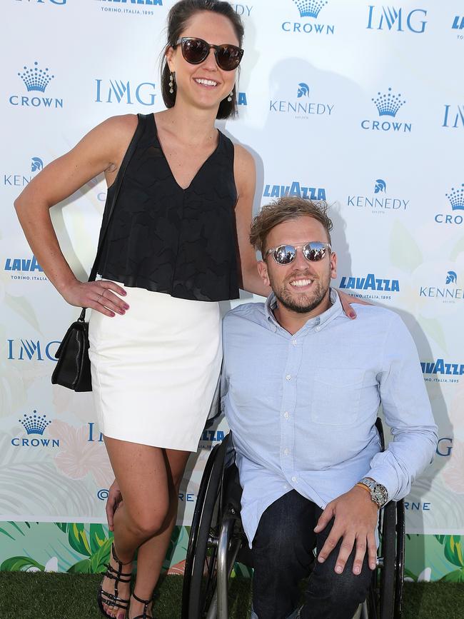 Kate Lawrence and Dylan Alcott at the IMG Tennis Party. Picture: Julie Kiriacoudis