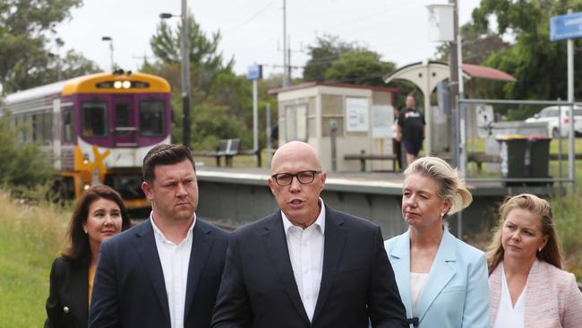 The Leader of the Opposition Peter Dutton holds a press conference in Frankston with Senator Bridget McKenzie and Liberal Party candidate for the Dunkley by-election, Nathan Conroy. Picture: David Crosling