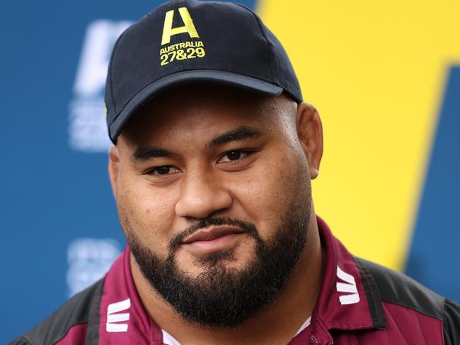 BRISBANE, AUSTRALIA - MAY 13: Queensland Reds Taniela Tupou speaks to media during a Rugby Australia media opportunity in support of the Rugby World Cup 2027 & 2029 bid, at King George Square on May 13, 2022 in Brisbane, Australia.  (Photo by Chris Hyde/Getty Images for Rugby Australia)