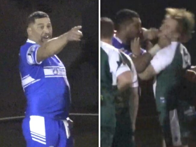 John Hopoate threatens an opponent (L) after coward-punching him in a confrontation