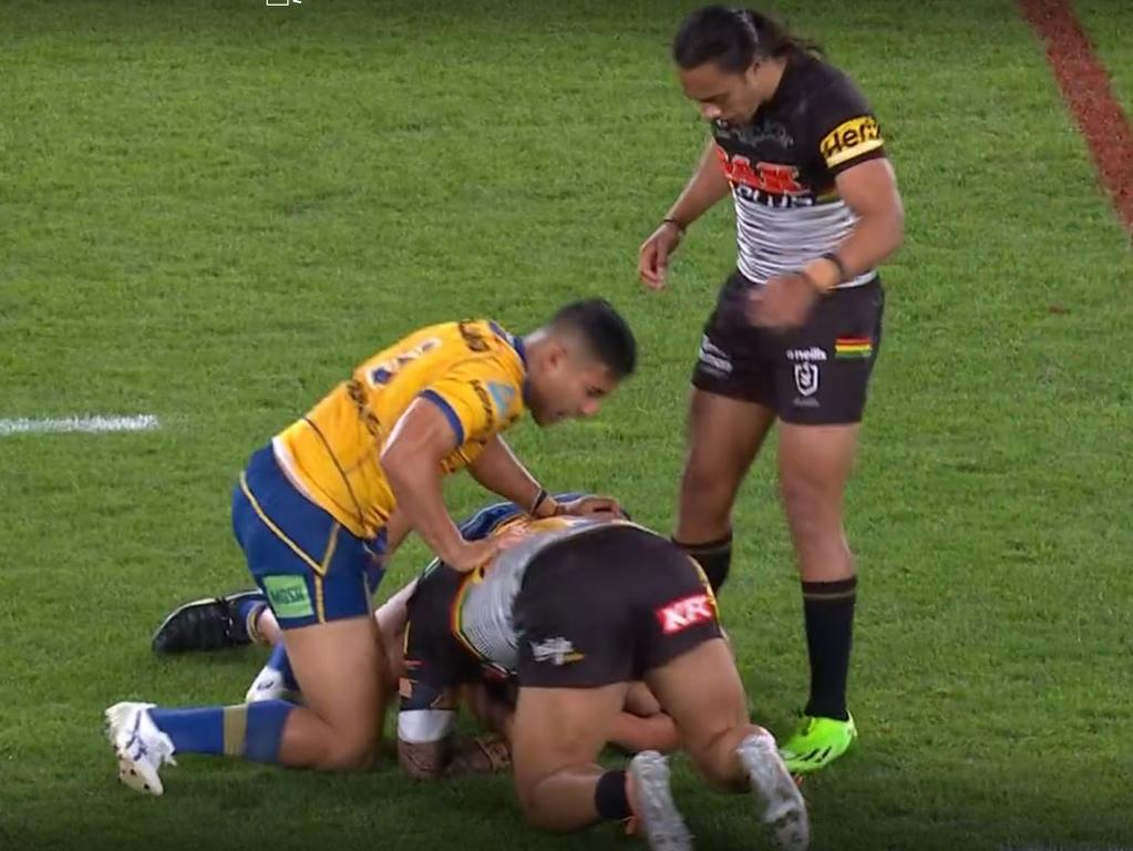 The sideline camera angle appeared to show a kick from Luai. Image: Nine