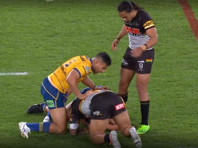 The sideline camera angle appeared to show a kick from Luai. Image: Nine