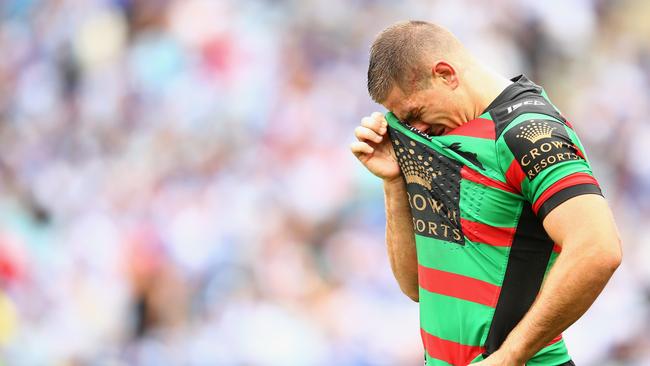 SYDNEY, AUSTRALIA - MARCH 25: Paul Carter of the Rabbitohs looks dejected after a try during the round four NRL match between the South Sydney Rabbitohs and the Canterbury Bulldogs at ANZ Stadium on March 25, 2016 in Sydney, Australia. (Photo by Mark Kolbe/Getty Images)