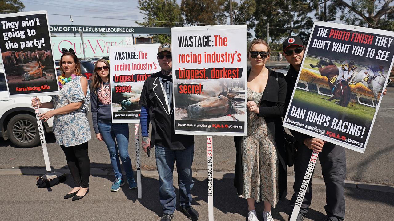 About 100 animal rights activists are seen protesting outside of Flemington. Picture: AAP