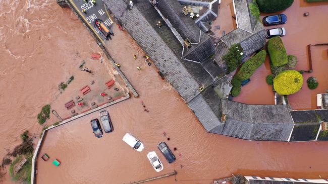 An aerial view of the Welsh village of Crickhowell, which has been cut off after the river Usk burst its banks. Picture: Christopher Furlong/Getty Images