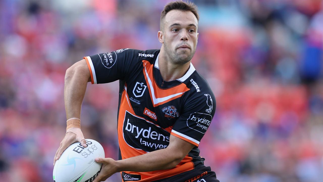 NEWCASTLE, AUSTRALIA – MARCH 28: Luke Brooks of the Tigers in action during the round three NRL match between the Newcastle Knights and the Wests Tigers at McDonald Jones Stadium on March 28, 2021, in Newcastle, Australia. (Photo by Ashley Feder/Getty Images)