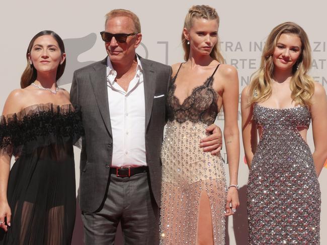 Isabelle Fuhrman, Kevin Costner, Abbey Lee and Georgia MacPhail at the Horizon: An American Saga – Chapter 2 red carpet in Venice, Italy. Picture: Victor Boyko/Getty Images