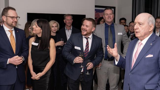 Alan Jones (far right) at the party, with (front, left to right) Senator Andrew Bragg, Dr Fiona Martin, Strategic Political Counsel founder Michael Kauter and Professor David Gracey.