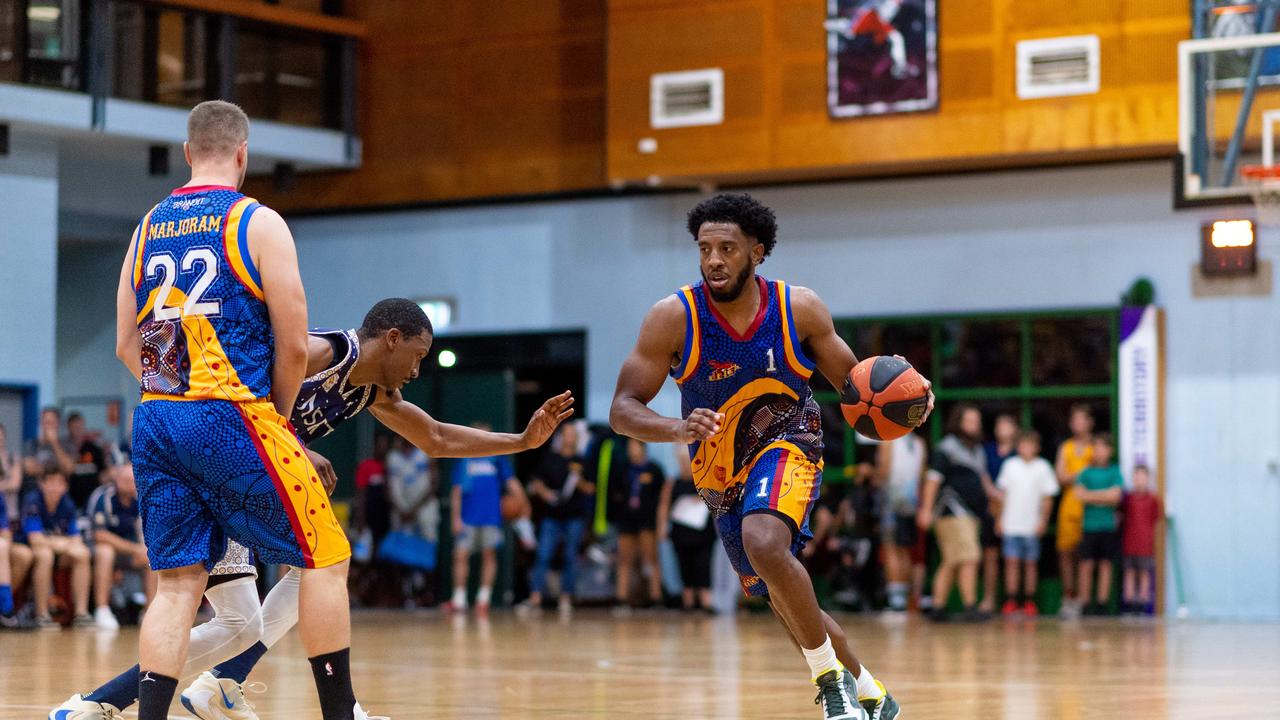 Jerron Jamerson is under pressure in Darwin Basketball Men's Championship Round 20: Ansett v Tracy Village Jets. Picture: Che Chorley