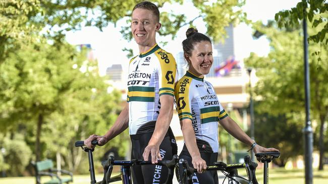 Australian road race champions Cameron Meyer and Amanda Spratt pose for a photo at Brougham Gardens in Adelaide, Tuesday, January 14, 2020. (AAP Image/Roy Vandervegt) NO ARCHIVING