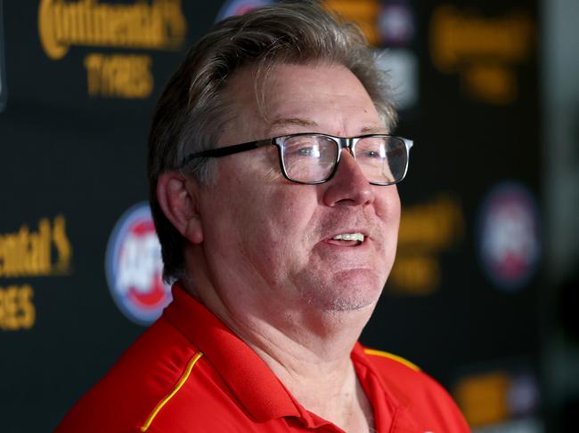 MELBOURNE, AUSTRALIA - OCTOBER 07: Craig Cameron, Gold Coast General Manager of Player Talent and Strategy speaks during the 2024 Continental Tyres AFL Trade Period at Marvel Stadium on October 07, 2024 in Melbourne, Australia. (Photo by Josh Chadwick/AFL Photos via Getty Images)