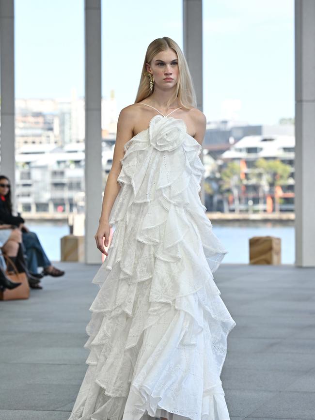 Tiered! A model walks the runway during the Aje show at Australian Fashion Week 2025 at Pier Pavilion Barangaroo on May 14, 2025 in Sydney, Australia. (Photo by James Gourley/Getty Images)