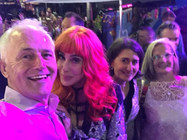 An image tweeted by Malcom Turnbull of him with Cher, the NSW Premier Gladys Berejiklian, and the PM's wife Lucy at the Sydney Mardi Gras.The tweet read "Welcome to Sydney, Cher! @GladysB Lucy and I and all your fans thrilled to be with you at the 40th Mardi Gras & first since Australia achieved marriage equality."@TurnbullMalcolm