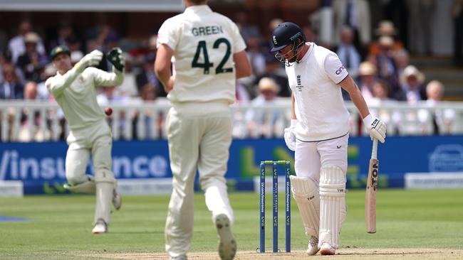 Carey had thrown the ball before Bairstow went for a wander. Photo by Ryan Pierse/Getty Images