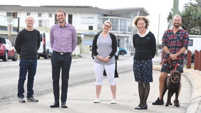 Lennox Head chamber of commerce representatives Brad Pollard, Zain Peart, Belinda Dunn and Lois Buckett, plus business owner Alessandro Matricardi, in the main street of Lennox Head.