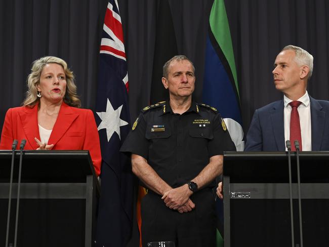 Minister for Home Affairs of Australia Clare O'Neil, Minister for Immigration, Citizenship, Migrant Services and Multicultural Affairs Andrew Giles and, Commissioner of the Australian Border Force (ABF) Michael Outram hold a press conference at Parliament House in Canberra. Picture: NCA NewsWire / Martin Ollman