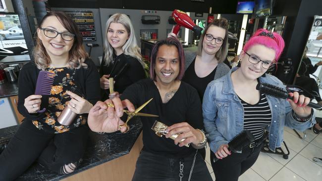 Number 3: Hairmoves Frankston owner Deen Mos with Sheridan McClellan, Holly Stone, Brittany Watts and Brook Hermans. Picture: Wayne Taylor